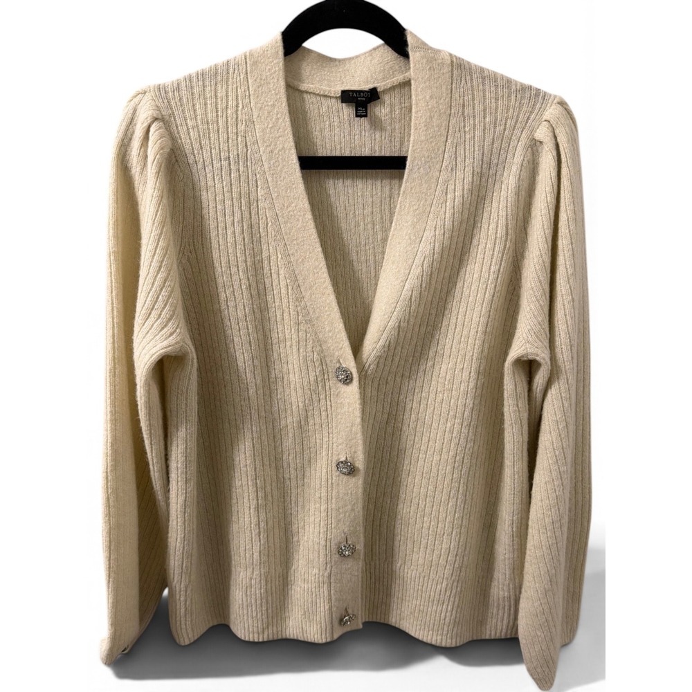 Talbots Ribbed Metallic V-Neck Cardigan Sweater Cream Puff Sleeve Rhinestone XL